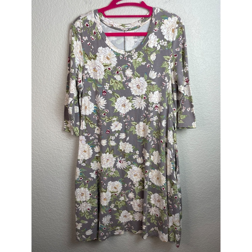 Latched Mama Nursing Dress Medium Gray Floral Pockets Feminine Comfort Stretch